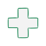 The international symbol for First Aid. A white cross with a white fill and green border. نشان بین‌المللی کمک‌های اولیه. صلیبی سفید رنگ با داخل سفید و حاشیه سبز